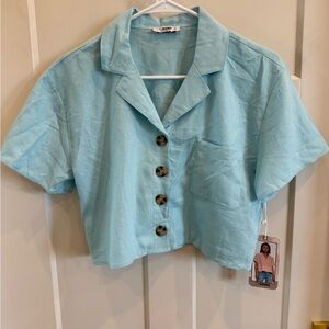 Ci Sono Sky Blue Cropped Button-Down W S Shirt 55% Linen and 45% Rayon